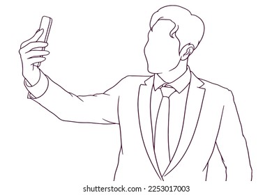 businessman take a selfie hand drawn style vector illustration