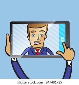Businessman take selfie, Vector cartoon business