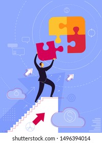 Businessman take a step uniting puzzle pieces. Business concept vector illustration.