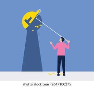 Businessman takes action to find a key hole exit through a wall as a creative management career answer idea stock illustration

