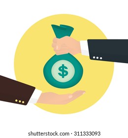 Businessman takes bag of money from another businessman. Yellow icon isolated on white