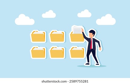 Businessman takes a document from a folder, illustration of being organized in company file documentation and archiving