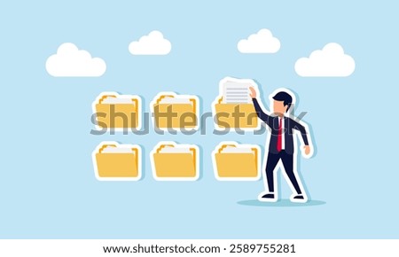 Businessman takes a document from a folder, illustration of being organized in company file documentation and archiving