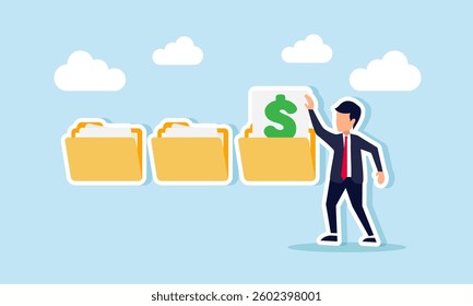 A businessman takes a dollar-marked document from a folder, illustration of business financial documents