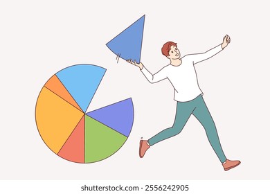 Businessman takes market segment from pie chart and happily runs away demonstrating business dexterity. Successful guy gains market segment thanks to professionalism and ability to predict future