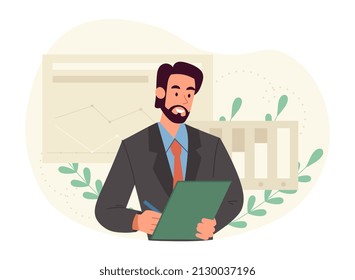 Empresario toma notas. Hombre con tablet, documentos y contrato. Planes de caracteres y establece tareas. Analista, gráficos y gráficos. Cálculo de ingresos y gastos. Dibujo vectorial plano de dibujos animados