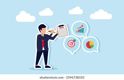 A businessman takes notes on a chat dialogue featuring a diagram, target board, and pie chart, illustration of minutes on business management performance