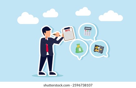 A businessman takes notes on a chat dialogue featuring a calculator, money bag, and safe, illustration of minutes on business financial management