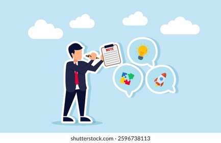A businessman takes notes on a chat dialogue featuring a lit lamp, puzzle, and rocket, illustration of minutes on business ideas and innovation