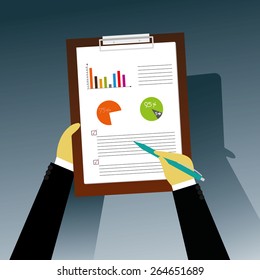 Businessman takes notes on clipboard with copyspace isolated on white background