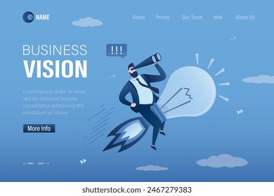 Businessman takes off quickly on light bulb. Business vision, landing page template. Search for new ideas for business development. Brainstorming, entrepreneur uses binoculars to search for investors.