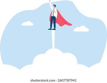 Businessman takes off and rushes out of the clouds

