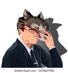 Businessman takes off a wolf mask, the vector of a very skilled businessman, slyness of business.eps