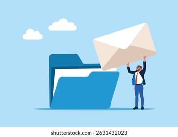 Businessman takes out an envelope with a notification from an open folder. Working using modern technology, web protection. Vector illustration