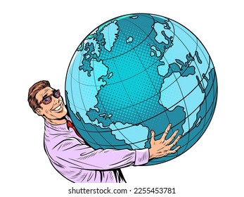 A businessman takes the planet earth in his hands science ecology humanity. Pop art retro vector illustration 50s 60s vintage kitsch style