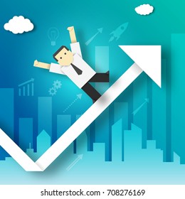 Businessman Takes a Step Forward to the Top Paper Origami Crafted Business Concept. Cutout Made Template with Elements and Symbols, Icons for Banner, Card, Poster. Vector Illustrations Art Design.