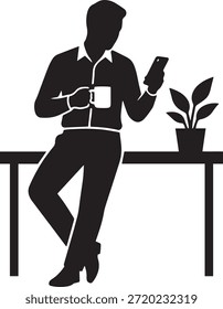 Businessman taking a coffee break vector icon. Man leaning on office desk checking smartphone and drinking tea. Relaxing workplace concept.