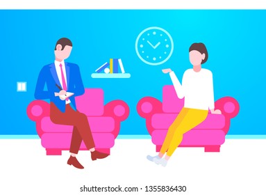 businessman taking notes asking questions and listening to candidate woman answers sitting in armchair job interview concept modern office interior horizontal full length flat
