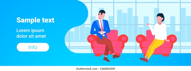 businessman taking notes asking questions and listening to candidate woman answers sitting in armchair job interview concept modern office interior horizontal full length copy space