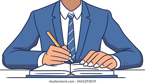 A businessman taking notes in a notebook, meeting notes, business documentation, professional writing, one continues line art vector illustration