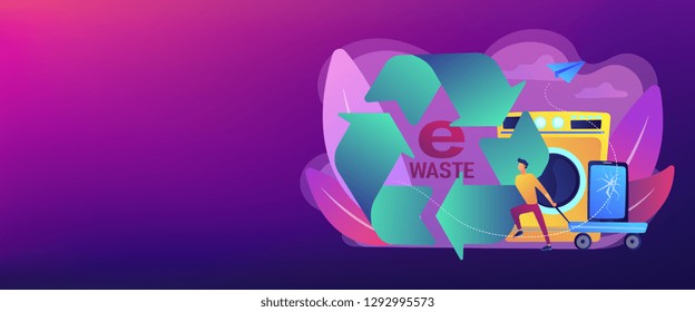 Businessman taking old smartphone in cart to electronic waste recycling. E-waste reduction, electronics trade-in programs, gadgets recycling concept.Header or footer banner template with copy space.