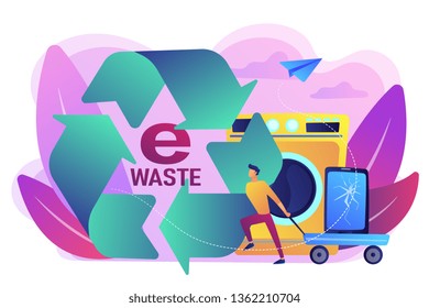 Businessman taking old smartphone in cart to electronic waste recycling. E-waste reduction, electronics trade-in programs, gadgets recycling concept.Bright vibrant violet vector isolated illustration