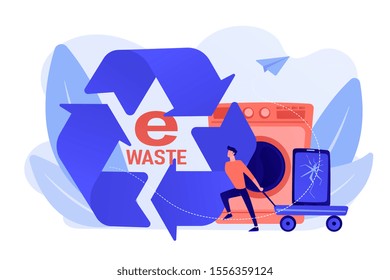 Businessman taking old smartphone in cart to electronic waste recycling. E-waste reduction, electronics trade-in programs, gadgets recycling concept.Pinkish coral bluevector isolated illustration