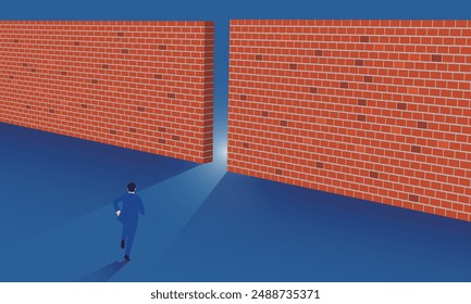 A businessman taking on challenges, finding a breakthrough in a high wall, flat illustration, vector