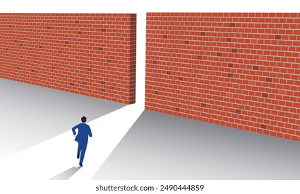 A businessman taking on challenges, finding a breakthrough in a high wall, flat illustration, vector
