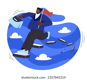 Businessman taking risk concept. Young guy with flag runs up breaking stairs at sky. Motivation and leadership. Successful entrepreneur with start up. Cartoon flat vector illustration