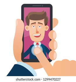 Businessman taking a selfie photo on smartphone. Male hands holding smartphone. Business vector illustration, flat style.