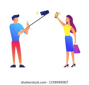Businessman taking selfie with selfie stick and businesswoman with smartphone vector illustration. Taking selfie and social media, communication and blogging concept. Isolated on white background.