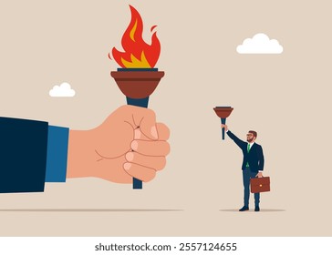 Businessman taking an unlit torch to a giant's torch to be lit. Achieve goal and win business competition. Modern vector illustration in flat style