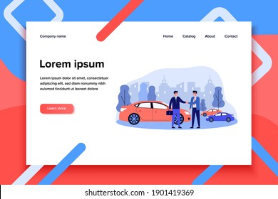 Businessman taking vehicle in car sharing. Automobile, handshake, rent flat vector illustration. Transportation and urban lifestyle concept for banner, website design or landing web page