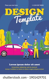 Businessman taking vehicle in car sharing. Automobile, handshake, rent flat vector illustration. Transportation and urban lifestyle concept for banner, website design or landing web page