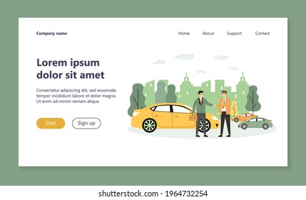 Businessman taking vehicle in car sharing. Automobile, handshake, rent flat vector illustration. Transportation and urban lifestyle concept for banner, website design or landing web page