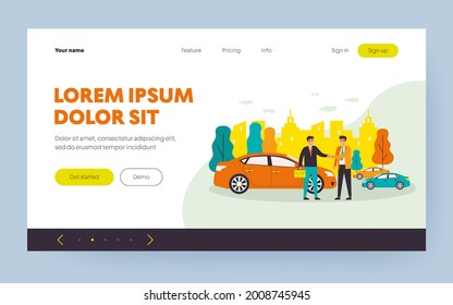 Businessman taking vehicle in car sharing. Automobile, handshake, rent flat vector illustration. Transportation and urban lifestyle concept for banner, website design or landing web page