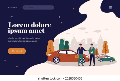 Businessman taking vehicle in car sharing. Automobile, handshake, rent flat vector illustration. Transportation and urban lifestyle concept for banner, website design or landing web page