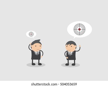 Businessman talk about Big and Small Target. Doodle vector illustration cartoon character abstract