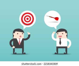 Businessman talk about dartboard and dart. Business target success, investment goal, marketing challenge, financial strategy, purpose achievement, focus idea, corporate communicate concept.