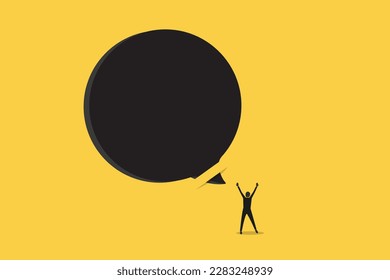 Businessman talk with Blank bubble talk or comment. Concept of career, promotion, communication, news, infographic. Copy space for ad