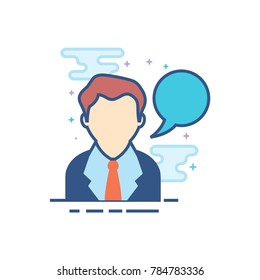 Businessman with talk bubble icon in outlined flat color style. Vector illustration.