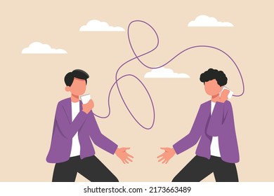 Businessman Talk To His Friend With Tin Can Phone. Business Communication Concept.  Colored Flat Graphic Vector Illustration Isolated. 