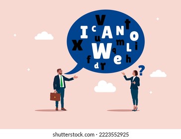 Businessman talk with jargon word in speech bubble dialog make partner confused. Complicated conversation, difficult to explain. Flat vector illustration.