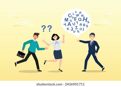 Businessman talk with jargon word in speech bubble dialog make other confused, communicate with technical word or hard to understand language, complicated conversation, difficult to explain (Vector)