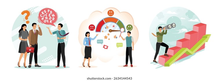 Businessman talk with jargon word in speech bubble dialog make other confused.    Business people analyze social sentiment dashboard. GDP prediction or business vision to grow investment or business. 