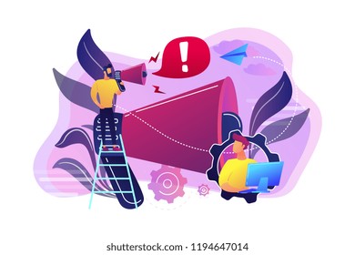 Businessman talk in megaphone with exclamation point. Draw attention, attention span and take note, requiring attention concept on white background. Bright vibrant violet vector isolated illustration