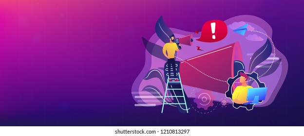 Businessman talk in megaphone with exclamation point. Draw attention, attention span and take note, requiring attention concept on white background. Header or footer banner template with copy space.