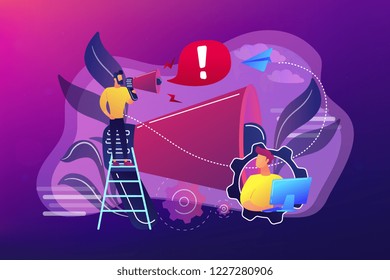 Businessman talk in megaphone with exclamation point. Draw and requiring attention, attention span and take note concept on ultraviolet background. Bright vibrant violet vector isolated illustration