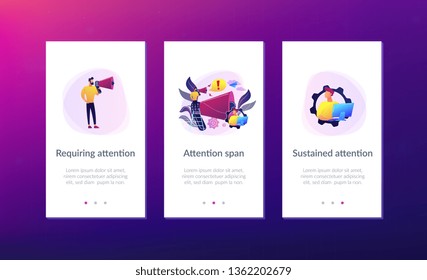 Businessman talk in megaphone with exclamation point. Draw attention, attention span and take note, requiring attention concept on white background. Mobile UI UX GUI template, app interface wireframe